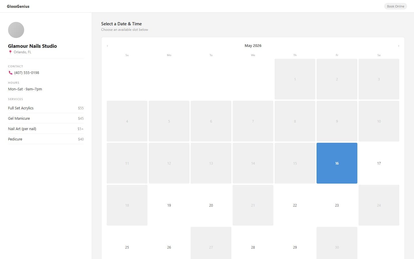 A basic GlossGenius booking page with no custom branding