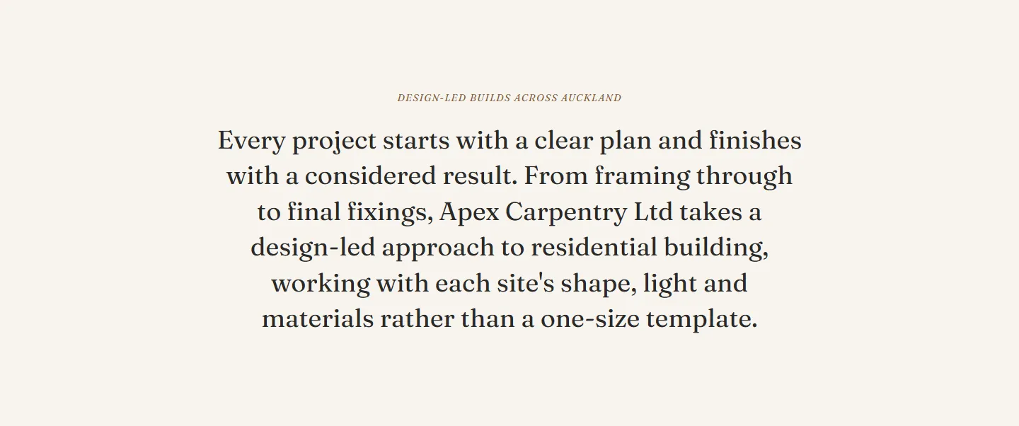 The Apex concept’s positioning statement, set in a large serif: "Every project starts with a clear plan and finishes with a considered result."