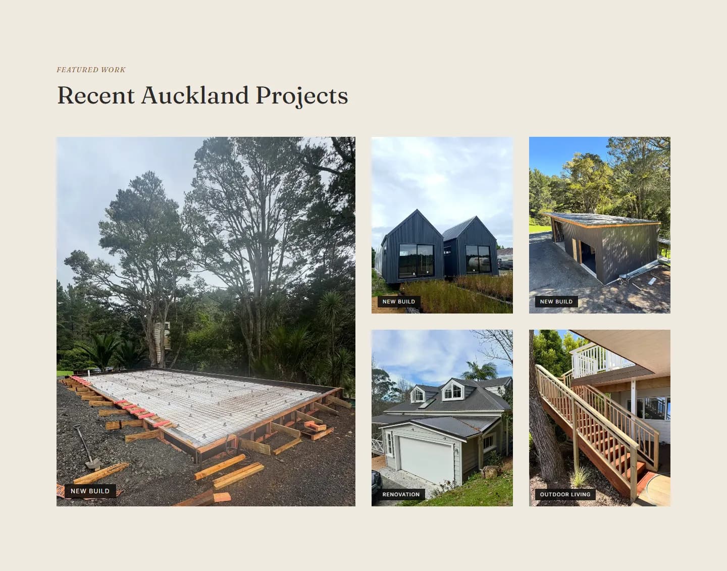 The "Recent Auckland Projects" section of the Apex concept: a large foundation photo beside four smaller labelled project photos