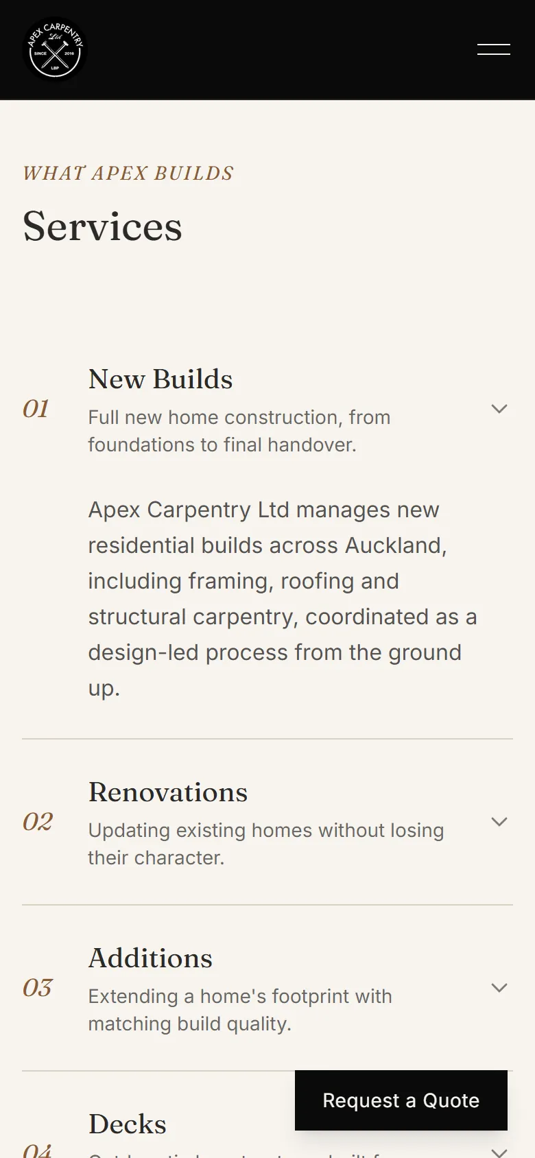 The Apex concept’s services accordion on a phone, with the floating Request a Quote button