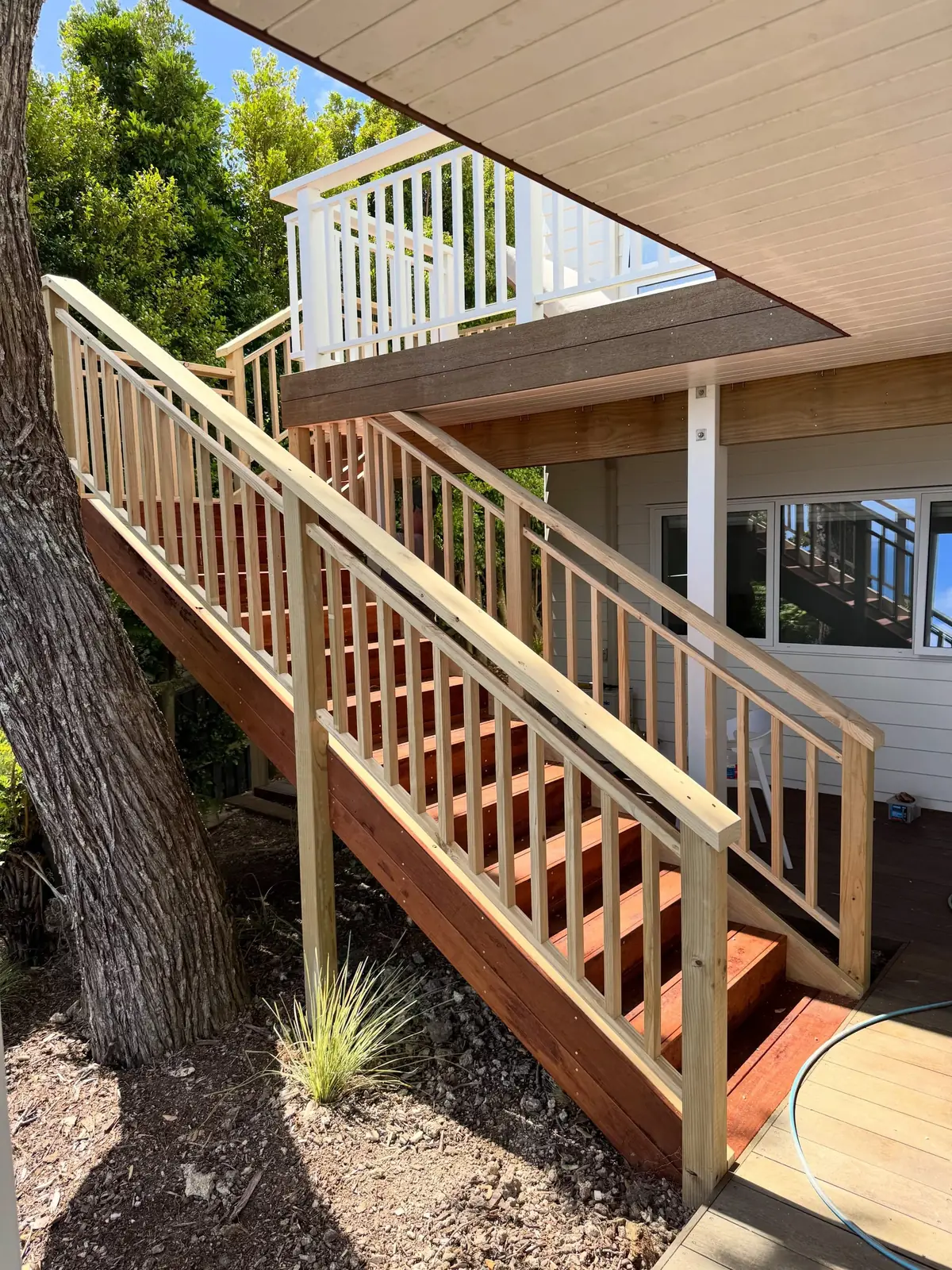 Timber deck staircase with balustrades leading down through native planting