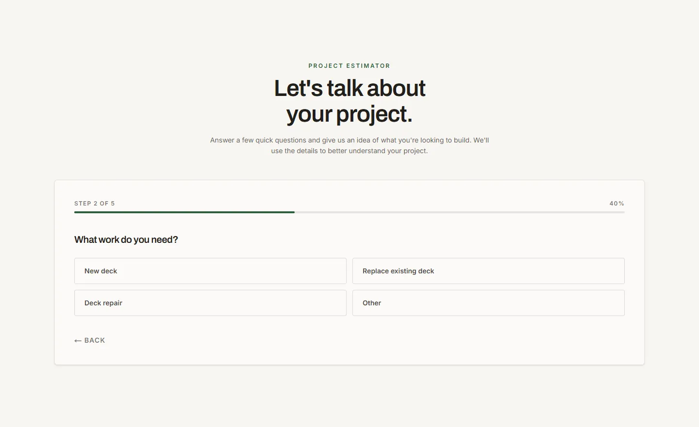 Step two of the estimator after choosing decking: "What work do you need?"