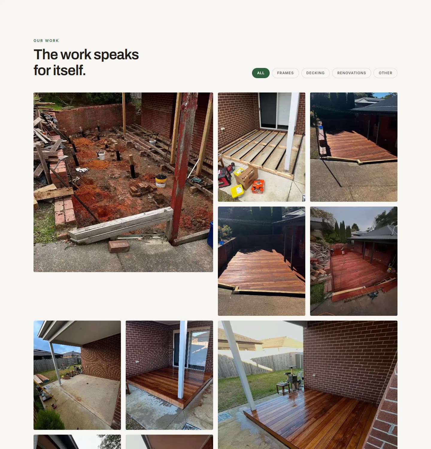 The "The work speaks for itself" gallery in the BLT concept, with category filters above a grid of deck and framing photos