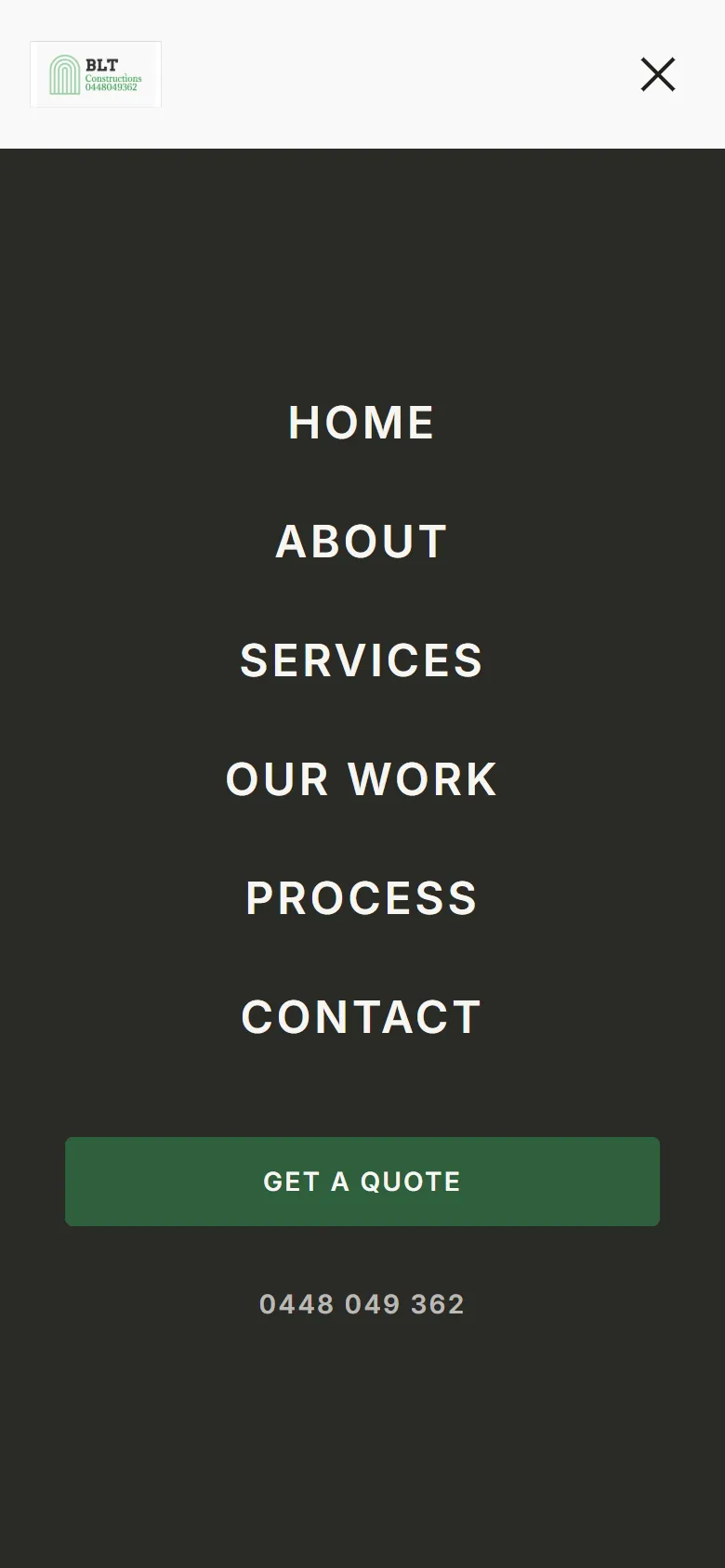 The BLT concept’s full-screen mobile menu with a Get a Quote button