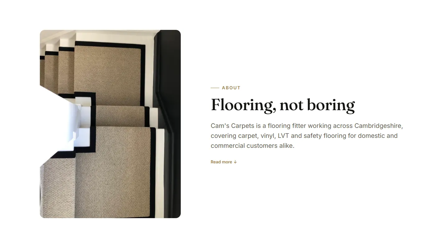 The Cam’s Carpets concept’s About section: "Flooring, not boring" beside a close photo of a herringbone stair runner with black binding