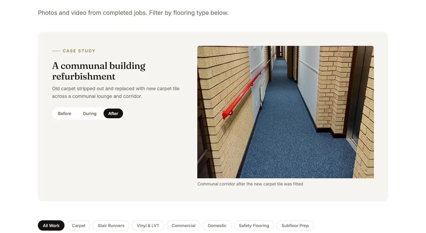 The Cam’s Carpets concept’s case study, "A communal building refurbishment", with Before, During and After tabs and the finished carpet tile corridor showing