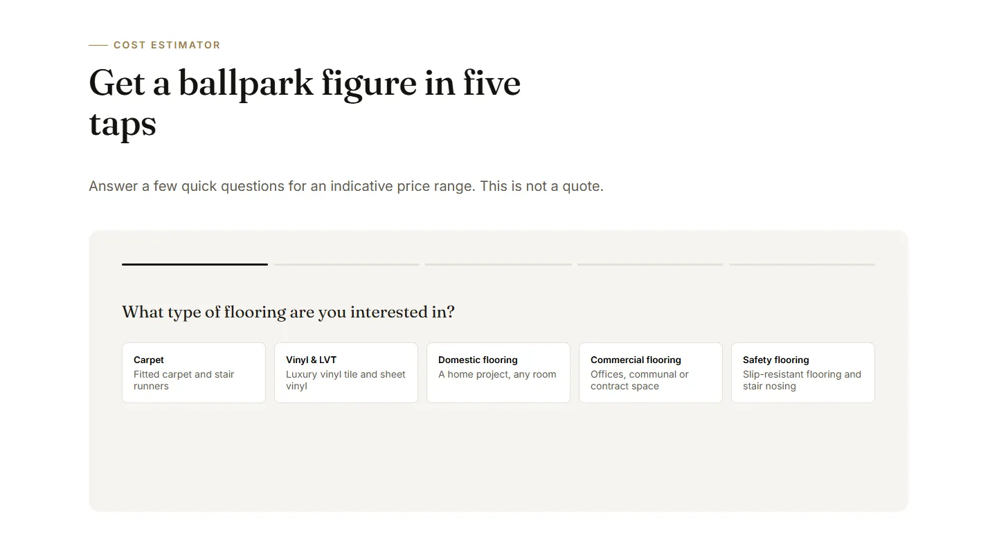 The Cam’s Carpets concept’s estimator: "What type of flooring are you interested in?" with five options