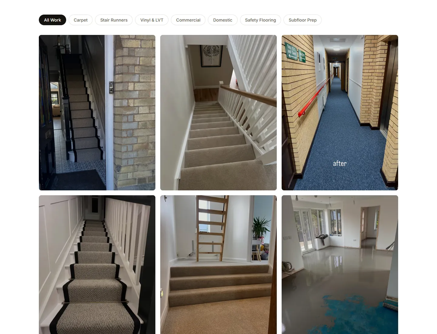 The Cam’s Carpets concept’s work gallery: flooring filters above a grid of stair runner, carpet tile and screed photos