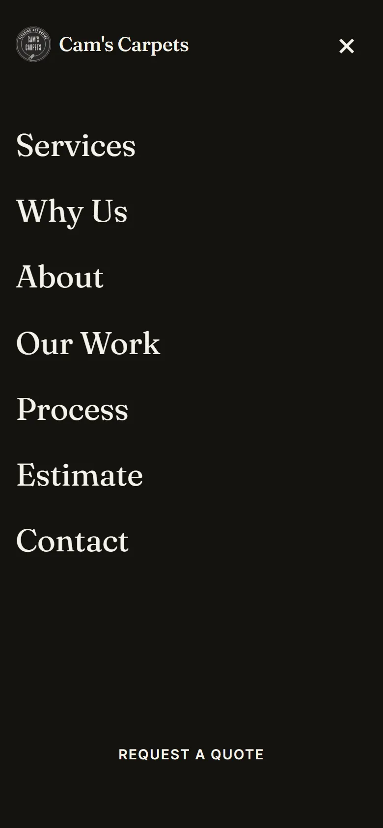 The Cam’s Carpets concept’s full-screen serif menu on a phone