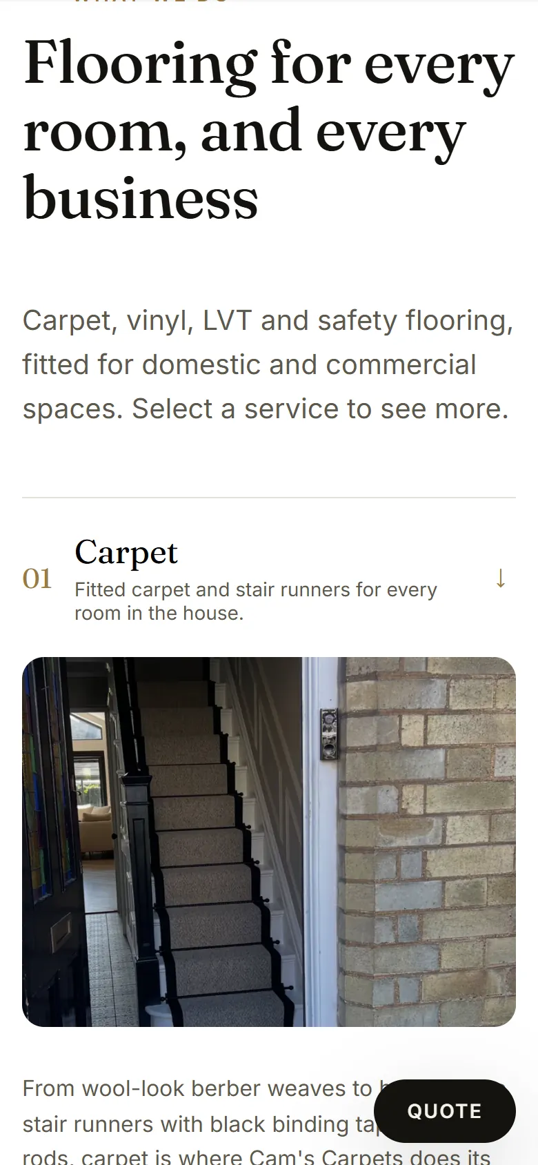 The Cam’s Carpets concept’s services on a phone, with the floating Quote button in the corner