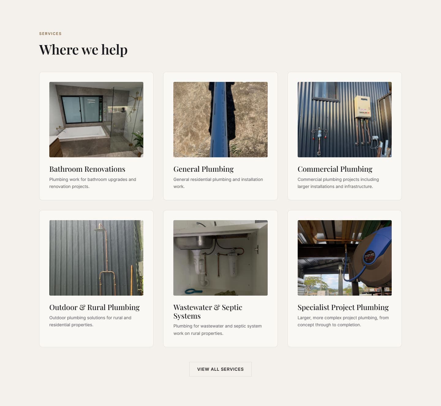 The "Where we help" services grid on the CF Plumbing & Bathrooms homepage, each service shown with a real job photo