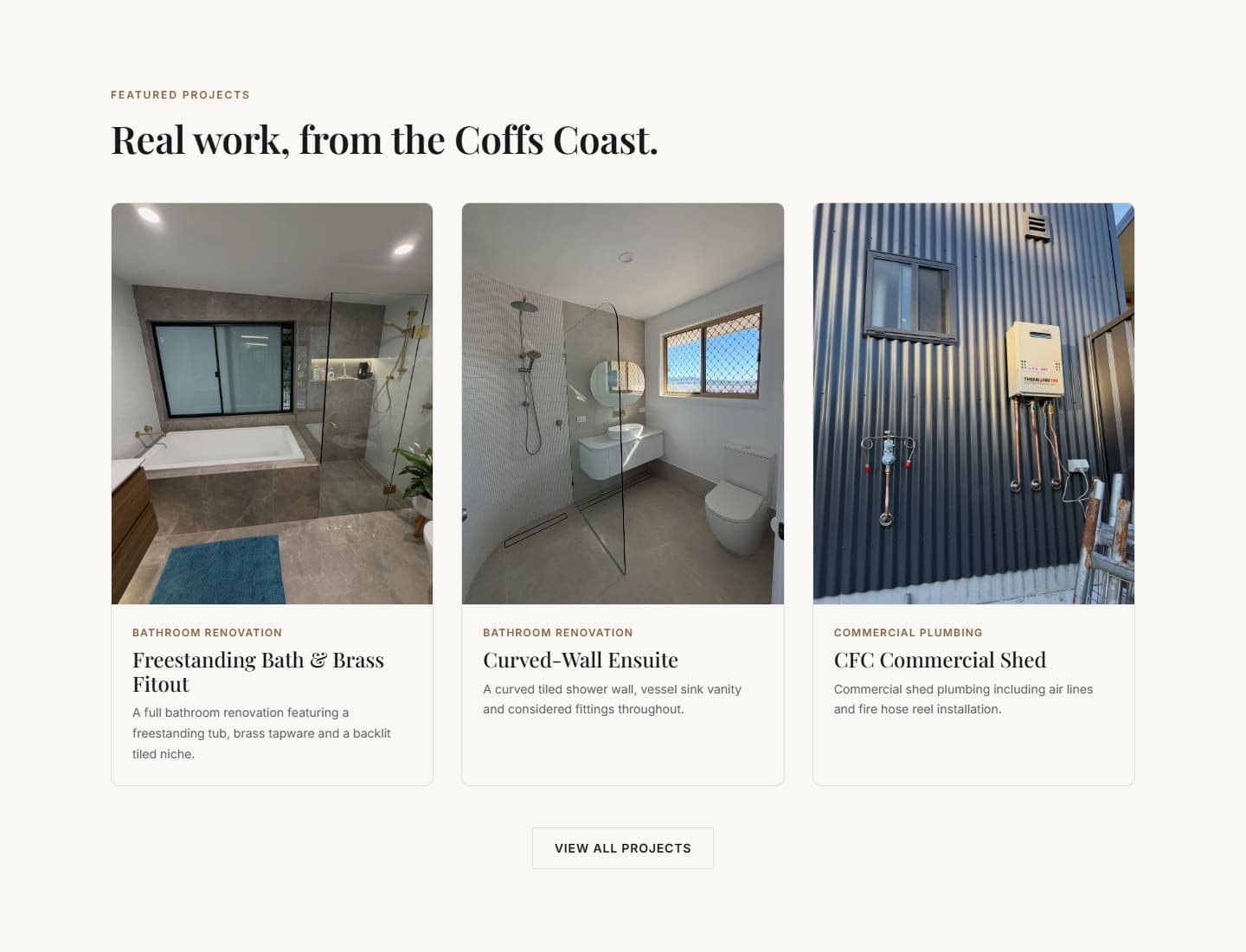 The "Real work, from the Coffs Coast" project cards on the CF Plumbing & Bathrooms homepage