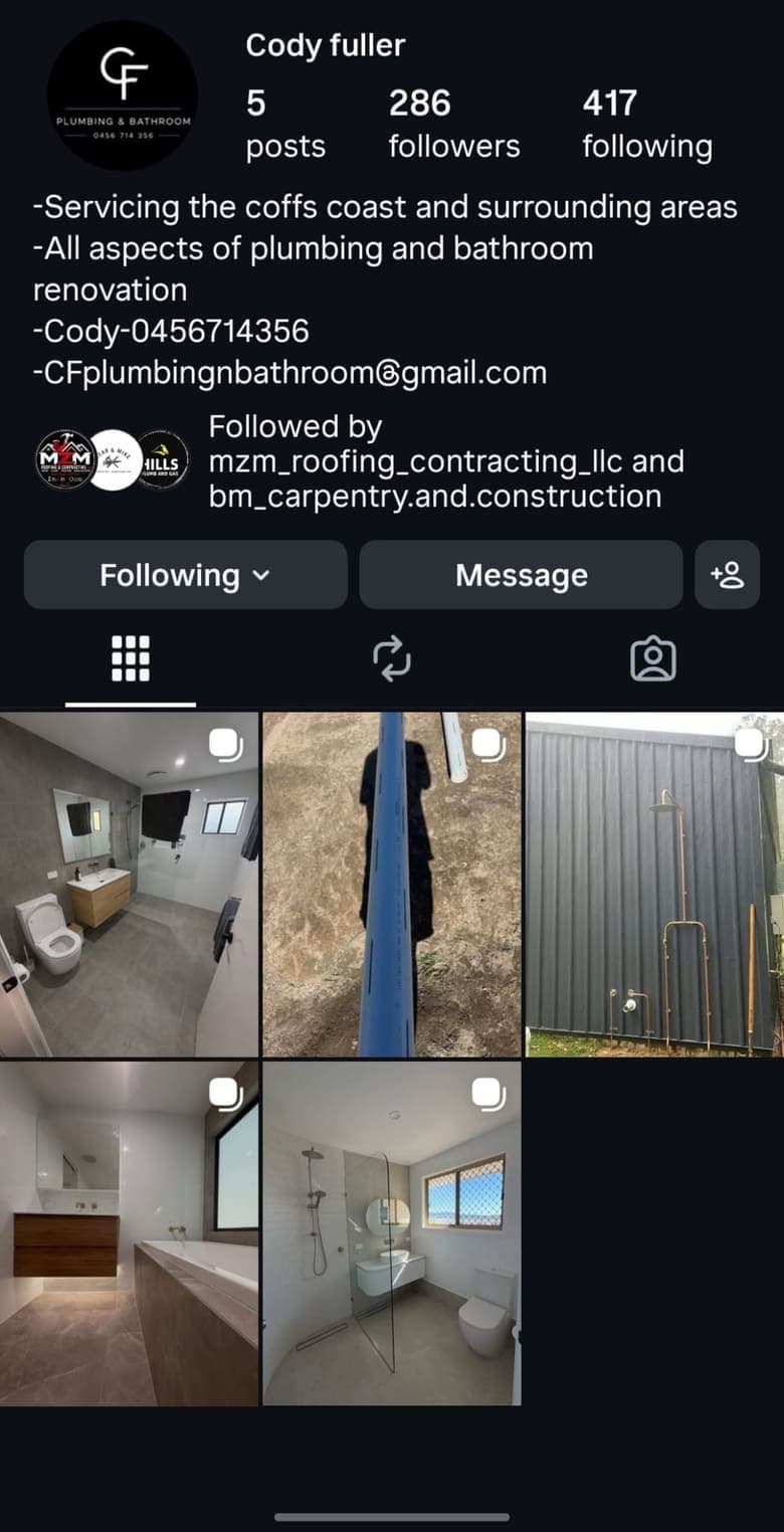 Before: the CF Plumbing & Bathrooms Instagram profile, with five posts and a short bio
