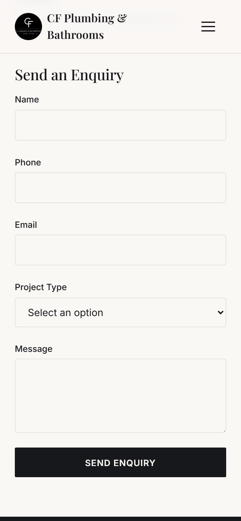 The CF Plumbing & Bathrooms enquiry form on a phone
