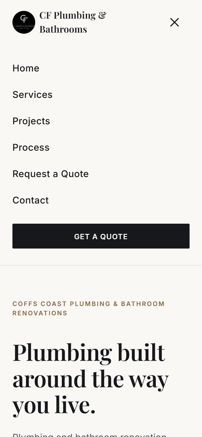 The CF Plumbing & Bathrooms mobile menu