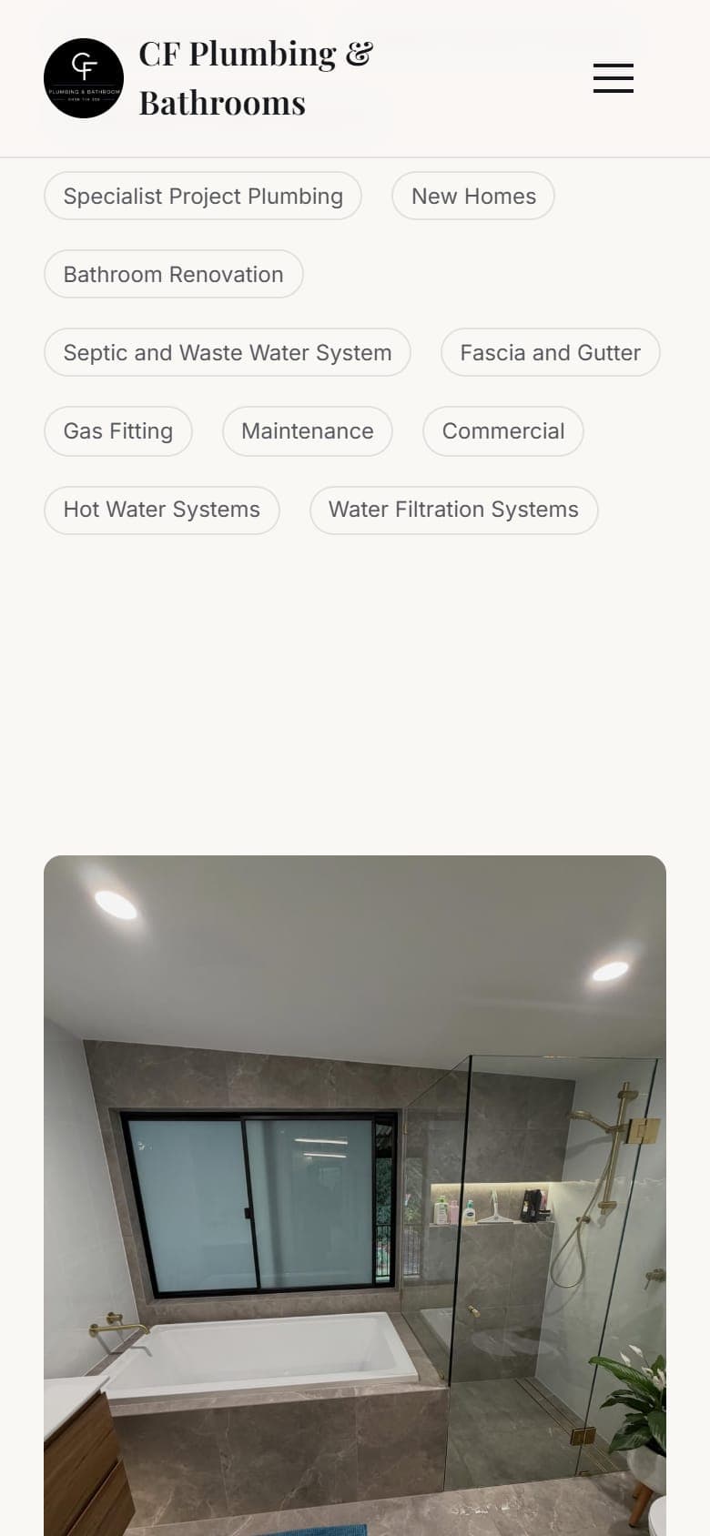 CF Plumbing & Bathrooms services page on a phone