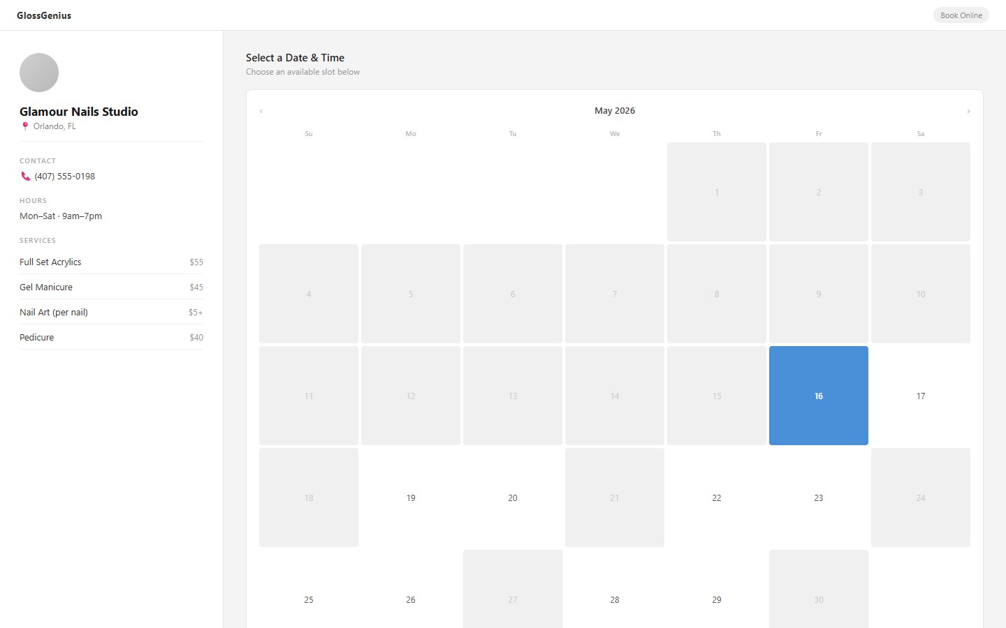 A basic GlossGenius booking page with no custom branding